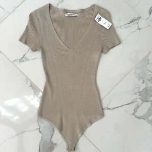 Abercrombie & Fitch Ribbed Bodysuit in Taupe